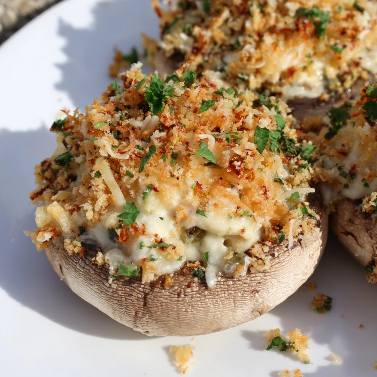 A close-up of Mozzarella Popper Stuffed Mushrooms, showcasing creamy, cheesy filling and buttery breadcrumb topping.  
