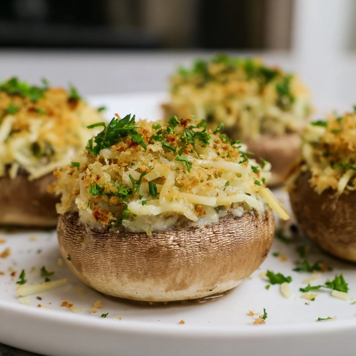 Savory Mozzarella Popper Stuffed Mushrooms served warm with a side of ranch dressing for dipping.