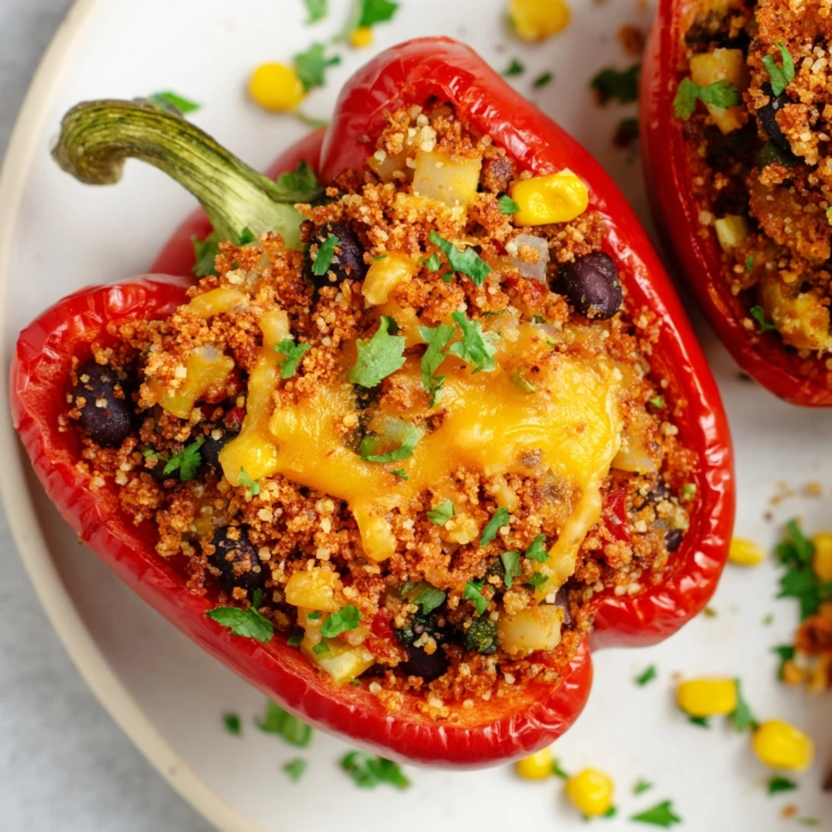 Golden-baked Cajun Potato Stuffed Bell Peppers on a rustic wooden table, filled with a hearty, creamy potato mixture and topped with melted cheese.