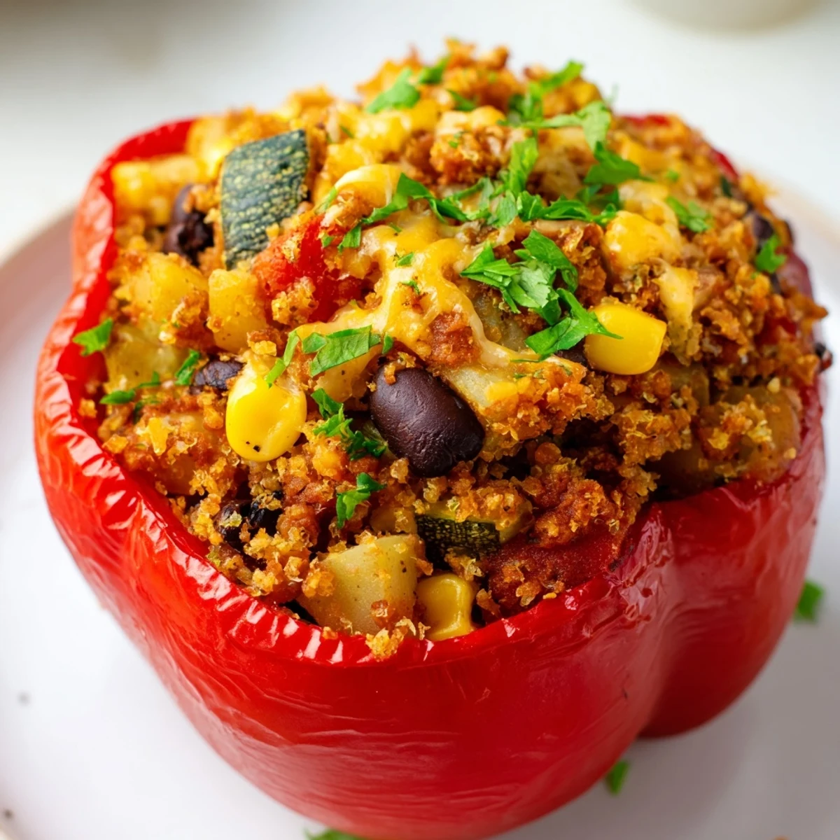 A close-up of Cajun Potato Stuffed Bell Peppers, revealing the zesty, chunky potato and vegetable filling inside the tender, roasted pepper halves.