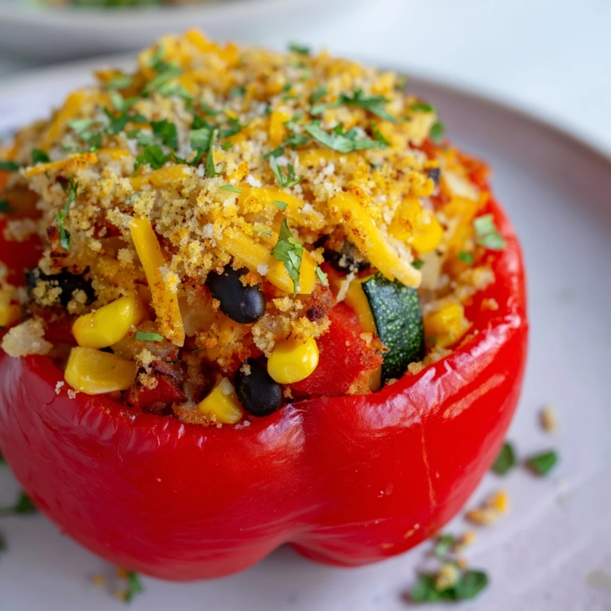 Vibrant, colorful bell peppers stuffed with Cajun-spiced potatoes, served fresh from the oven on a white ceramic plate for a warm meal.