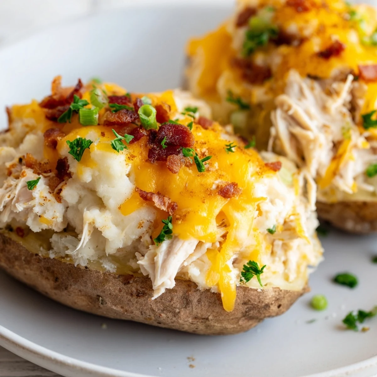 Crispy golden baked russet potatoes split and stuffed with savory Mud Chicken Stuffed Twice Baked Potatoes with cheddar cheese and green onions.