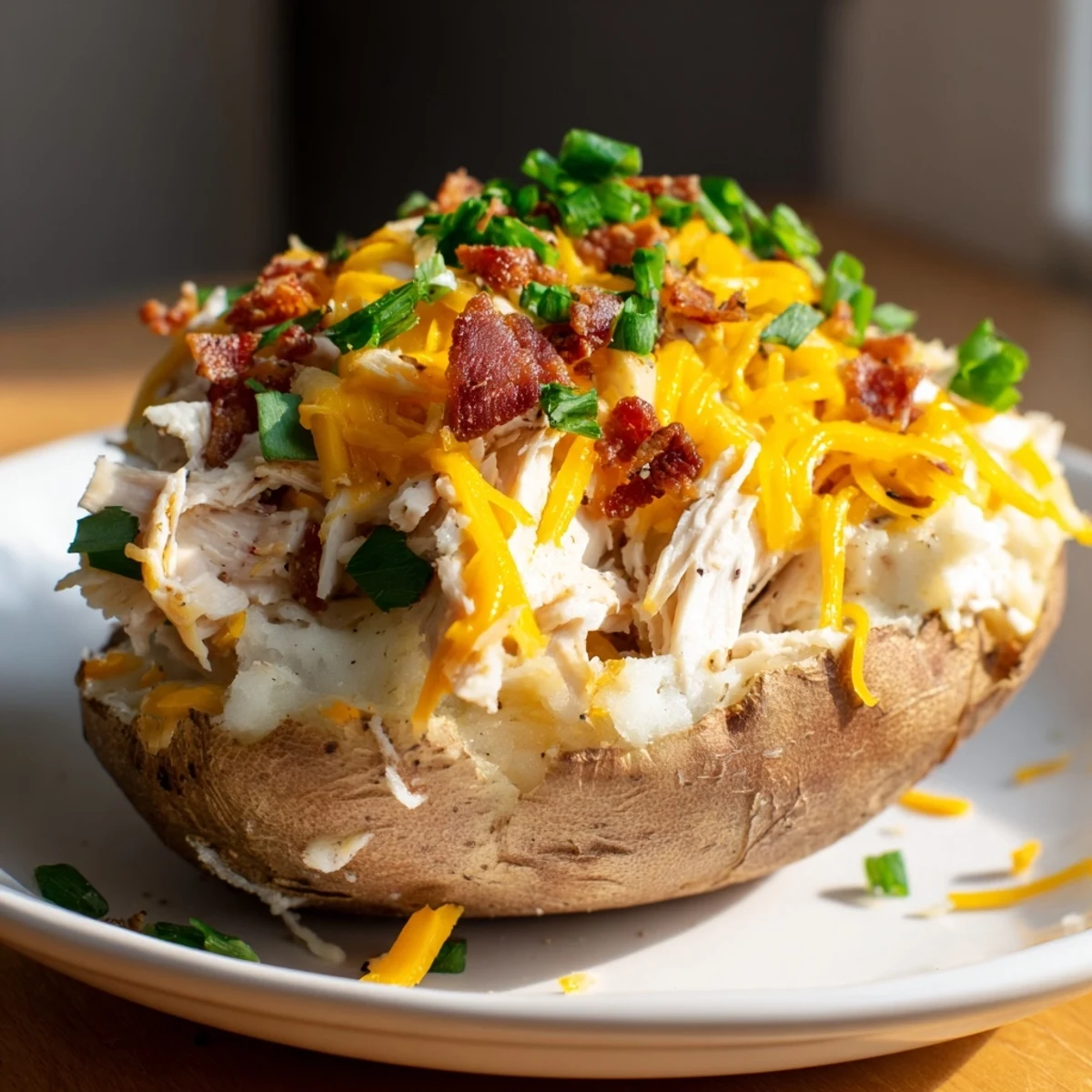 Hearty Mud Chicken Stuffed Twice Baked Potatoes are topped with melted cheese, fresh parsley, and a creamy savory chicken filling.