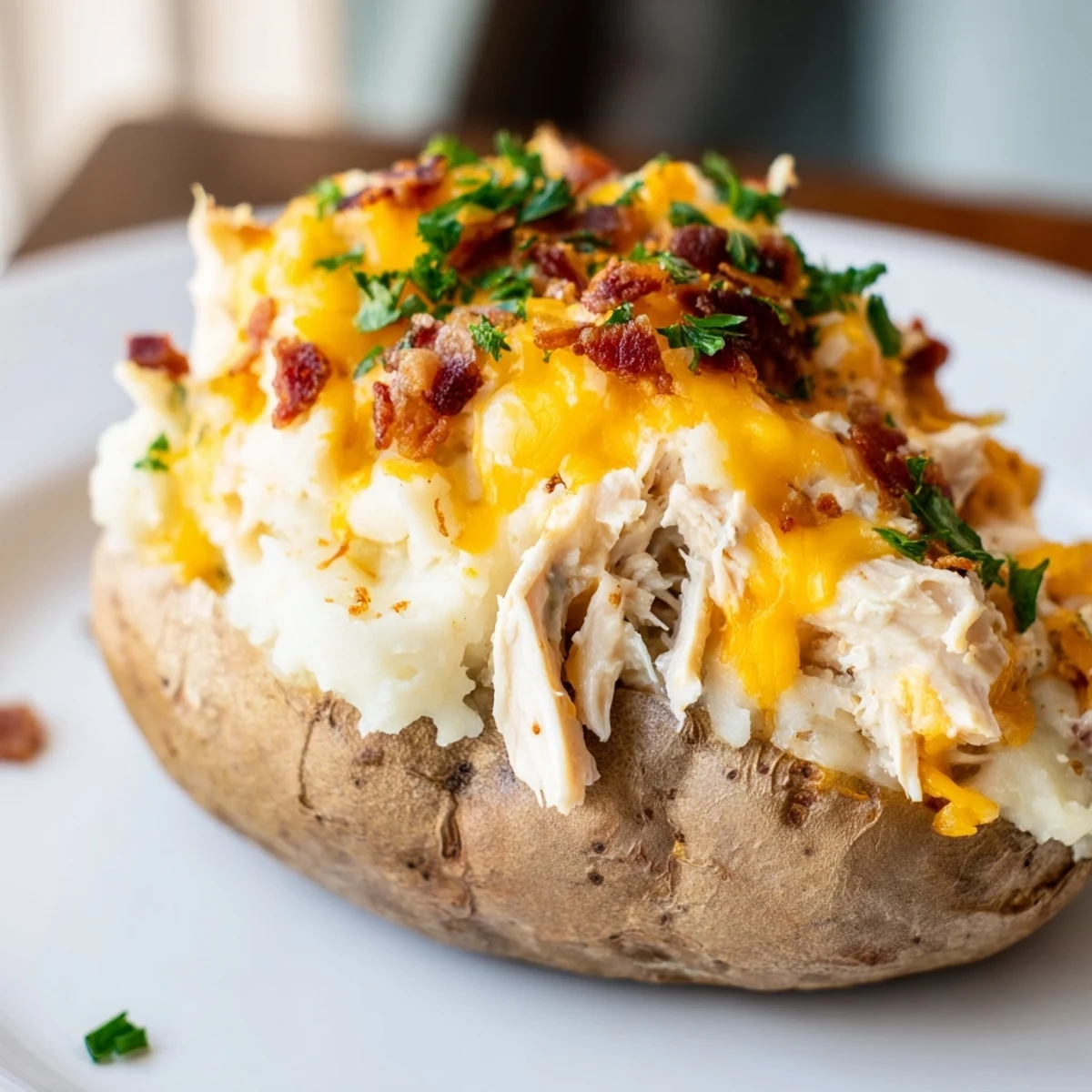 Hot Mud Chicken Stuffed Twice Baked Potatoes served on a plate with a fork, perfect as a gluten-free main dish for dinner.