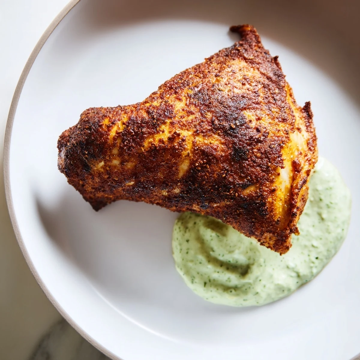A close-up view of Peruvian Roast Chicken with Creamy Green Sauce shows juicy carved pieces and a bright green jalapeño-cilantro drizzle, garnished with fresh lime wedges on a rustic table.