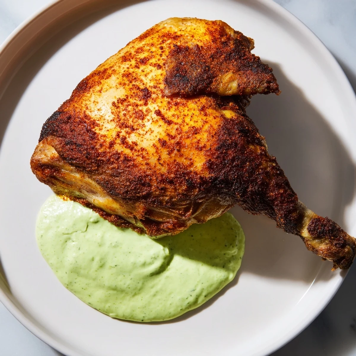 Golden-brown Peruvian Roast Chicken with Creamy Green Sauce rests on a platter beside sliced roasted potatoes, its crispy skin glistening with juices and the vibrant cilantro sauce in a small bowl.