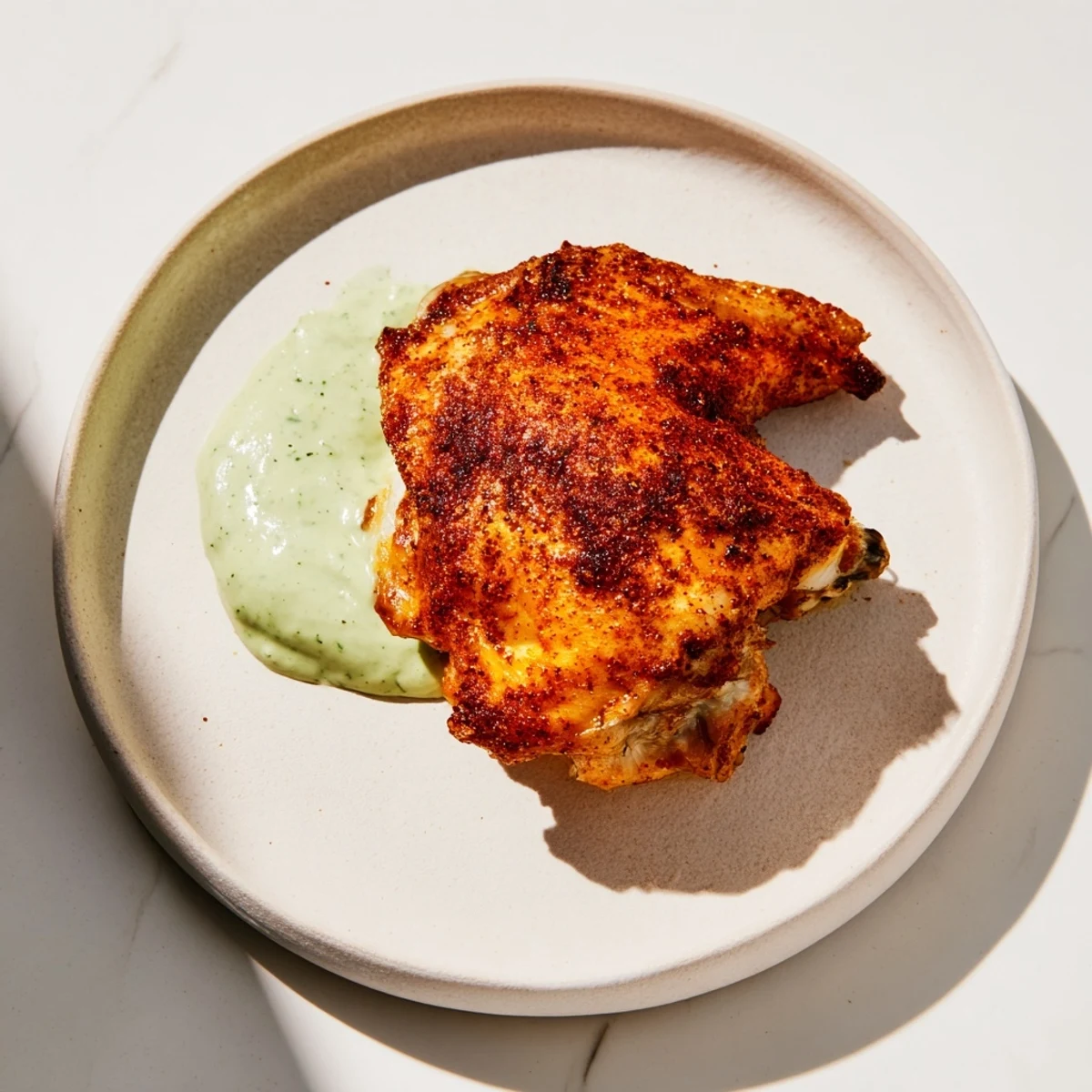 Family-style serving of Peruvian Roast Chicken with Creamy Green Sauce features a whole roasted bird on a wooden board, accompanied by a creamy dipping sauce and fresh herbs for a vibrant dinner.