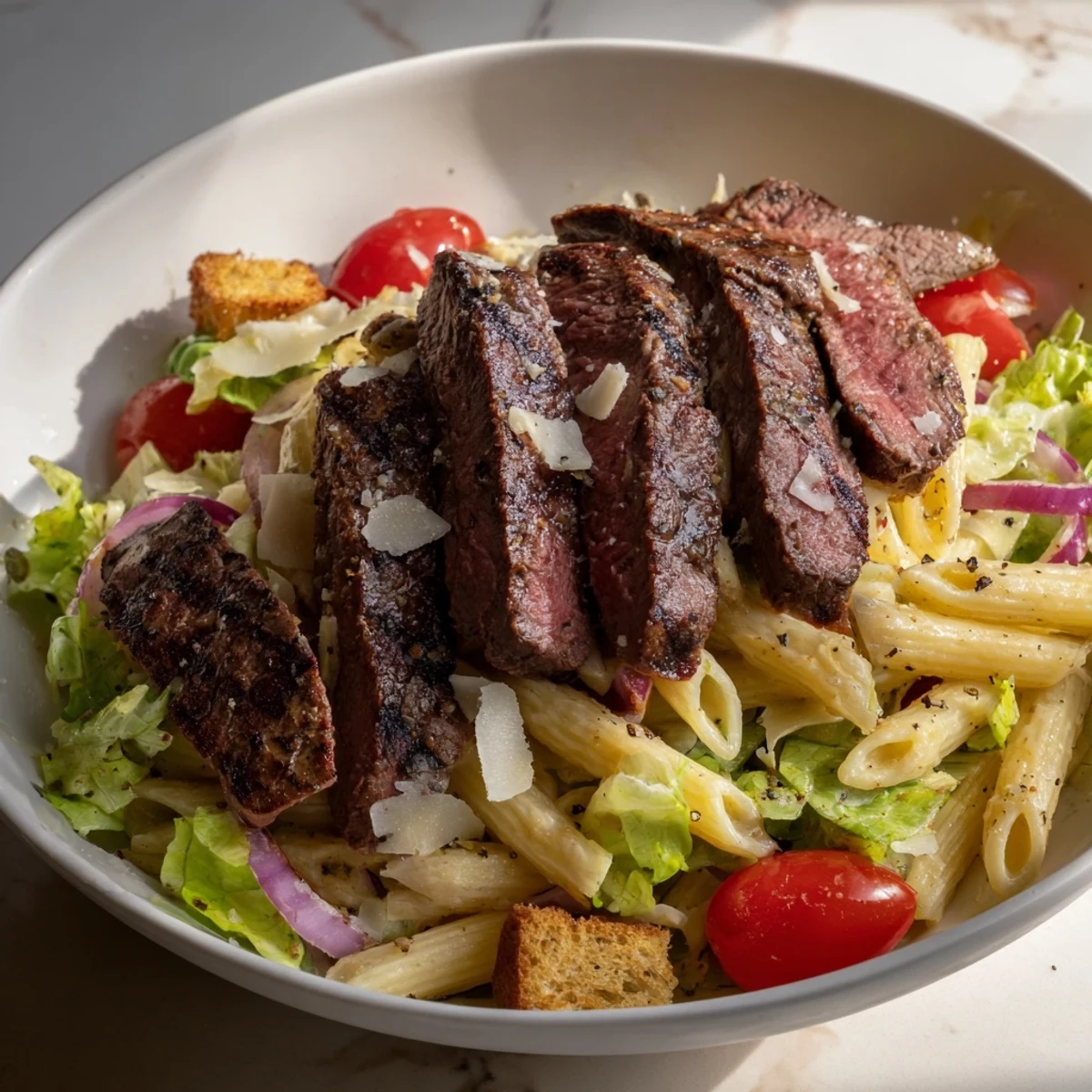 Juicy grilled steak slices rest atop a vibrant mix of crisp romaine and penne pasta in this Flavorful Steak Caesar Pasta Salad.