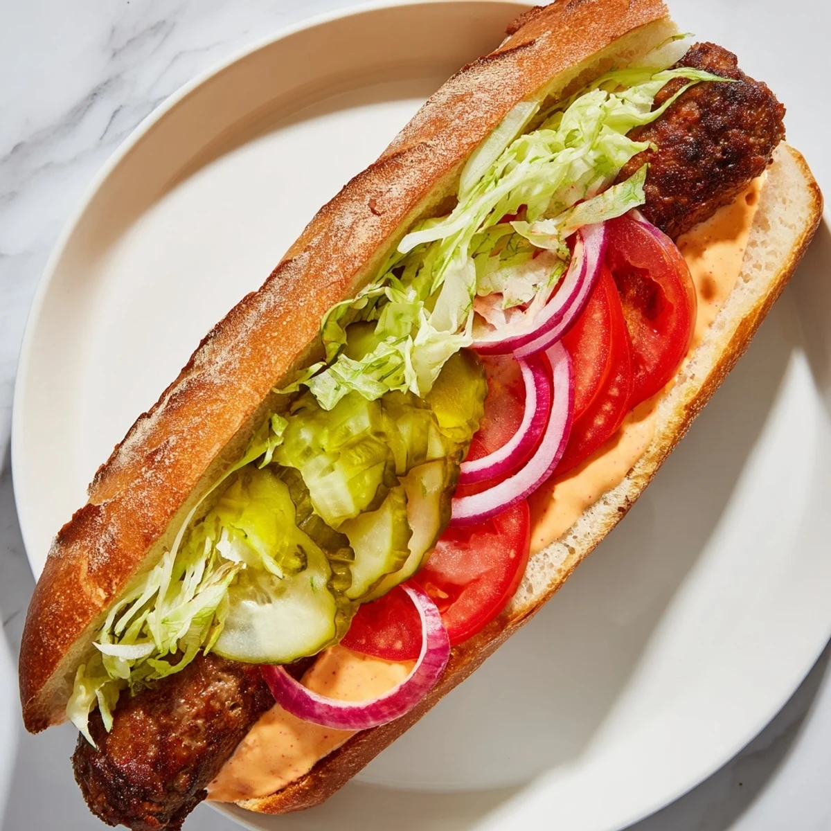 Grilled Cajun beef sausage po boy sandwich on a toasted baguette with lettuce, tomato, and pickles.