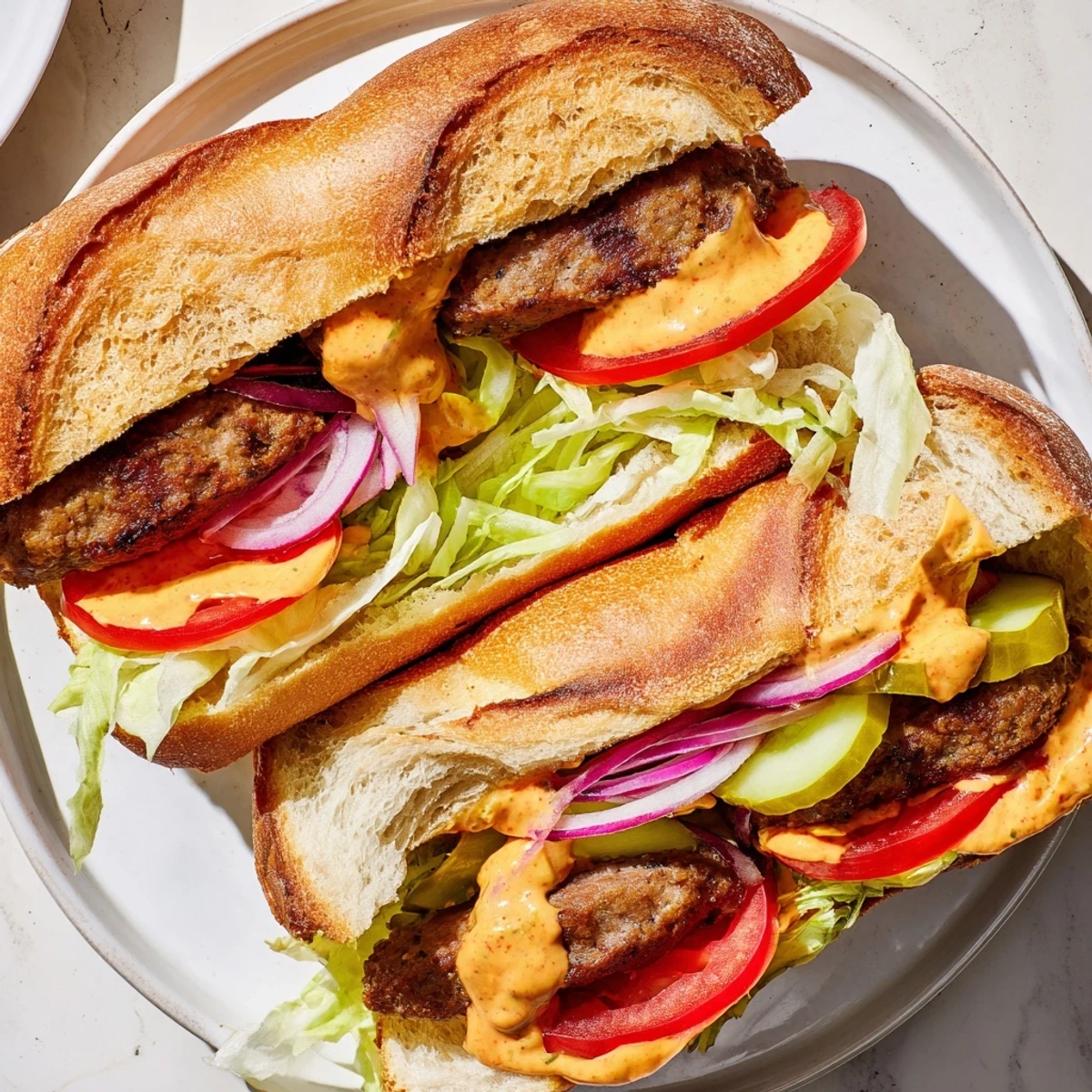 Spicy grilled beef sausage po boy with crisp lettuce, ripe tomato, and tangy pickles.
