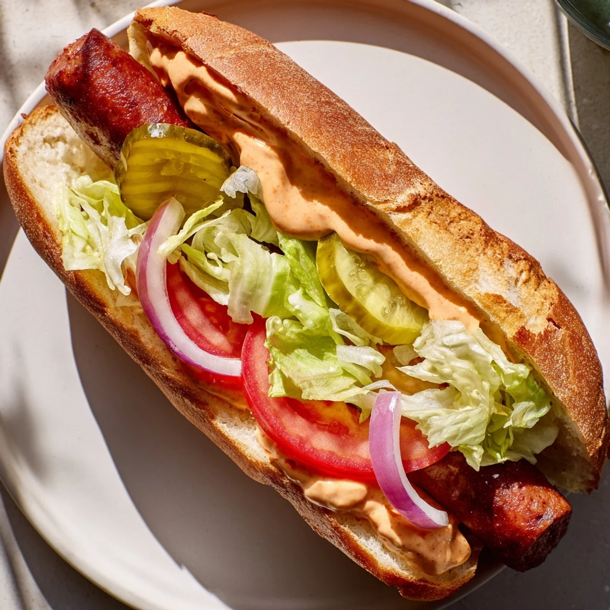 A crusty French baguette holds a juicy Cajun sausage, Creole remoulade, and fresh toppings.