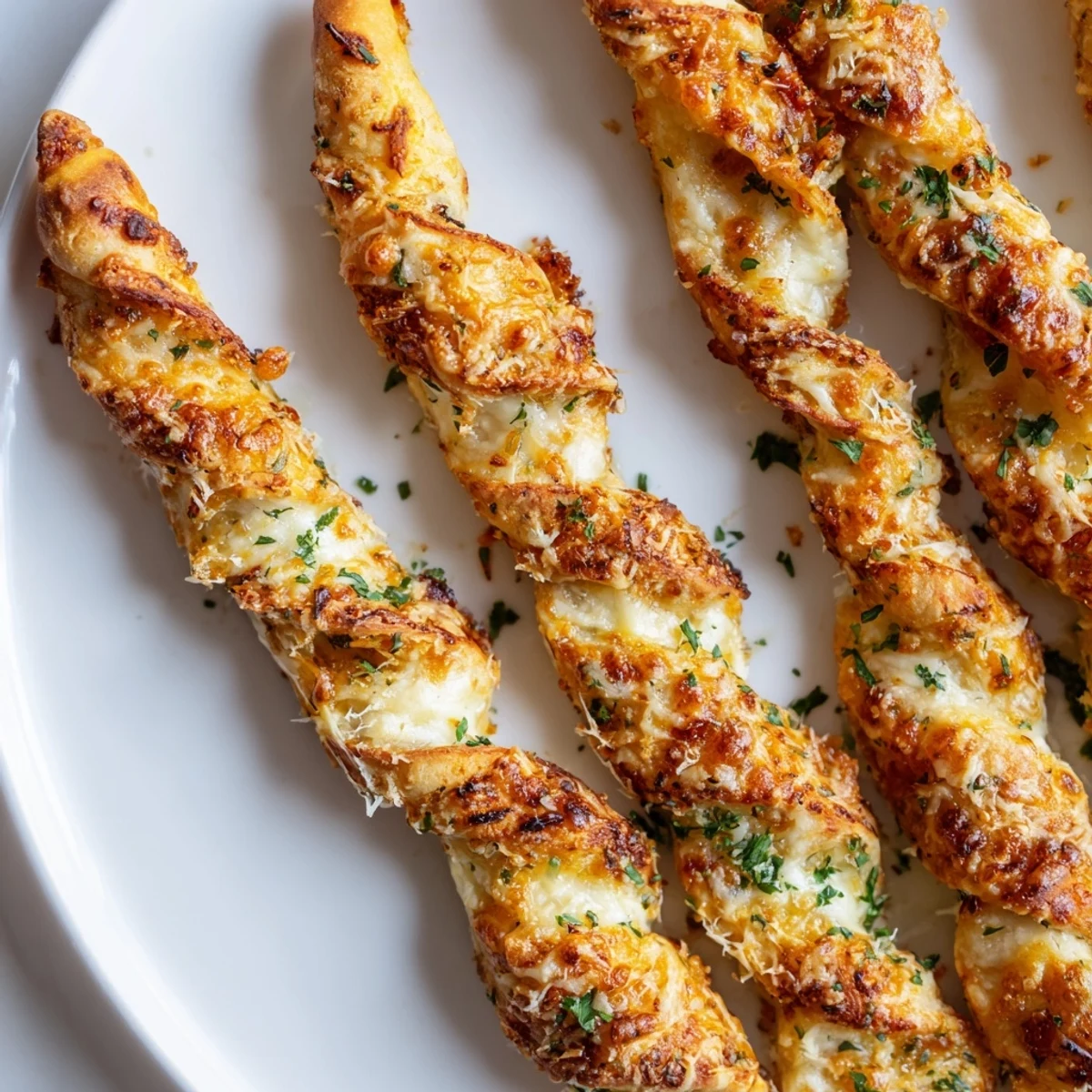 Golden, cheesy Crispy Air Fryer Pizza Cheese Bread Twists with garlic butter on a plate, ready to dip in marinara.