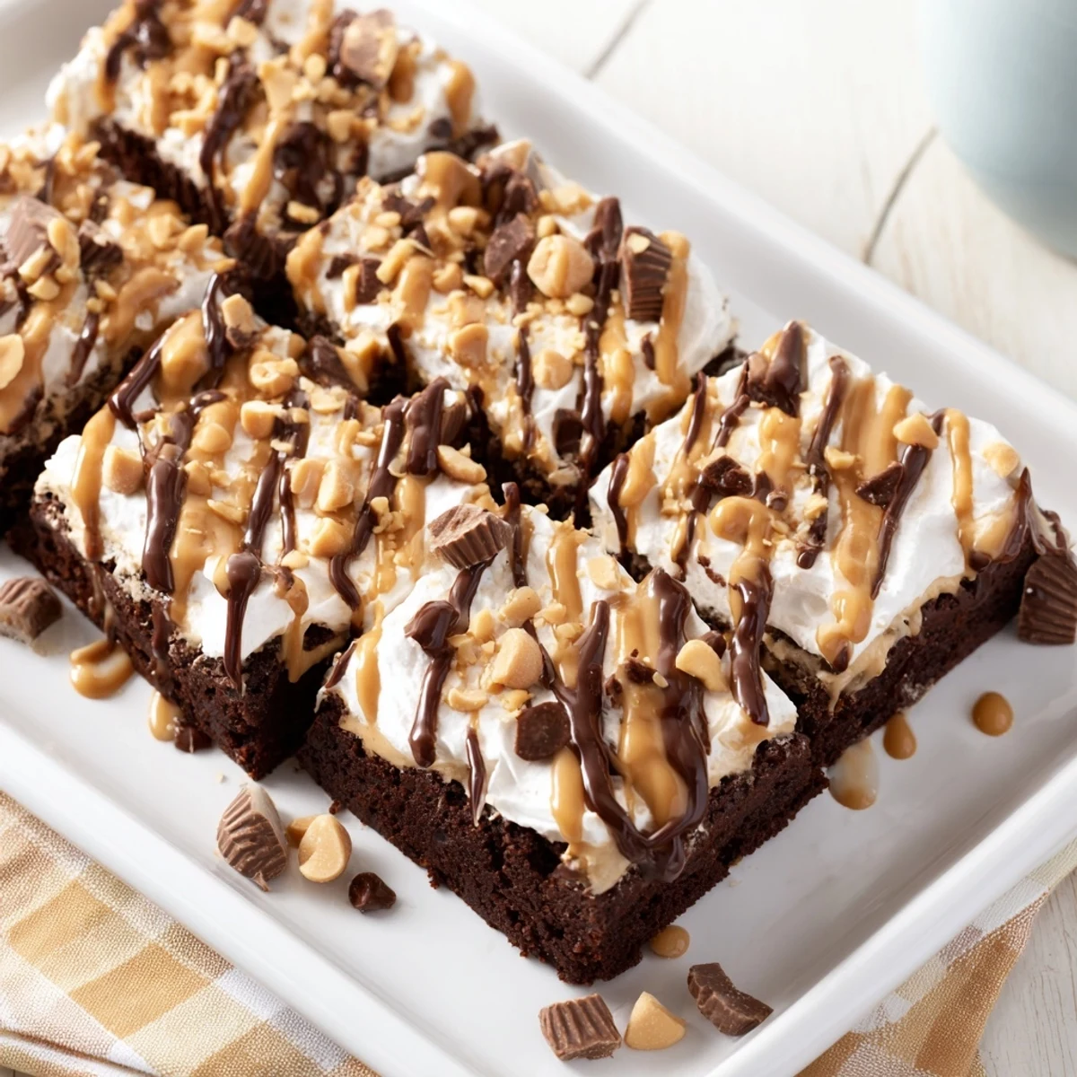 A moist slice of Chocolate Peanut Butter Poke Cake shows creamy filling and whipped cream topping on a plate.