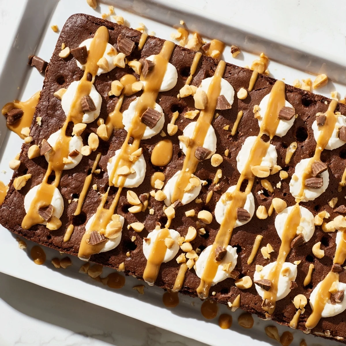 Fork ready Chocolate Peanut Butter Poke Cake reveals chocolate drizzle and chopped peanuts on a chilled dessert square.
