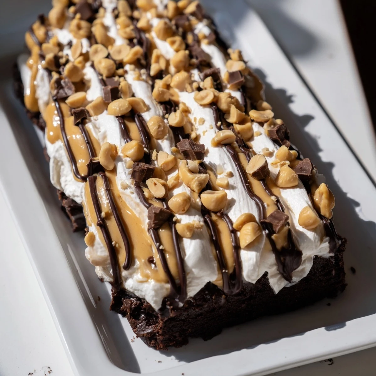 Serving suggestion for Chocolate Peanut Butter Poke Cake with rich peanut butter pudding layers and glossy chocolate ganache.