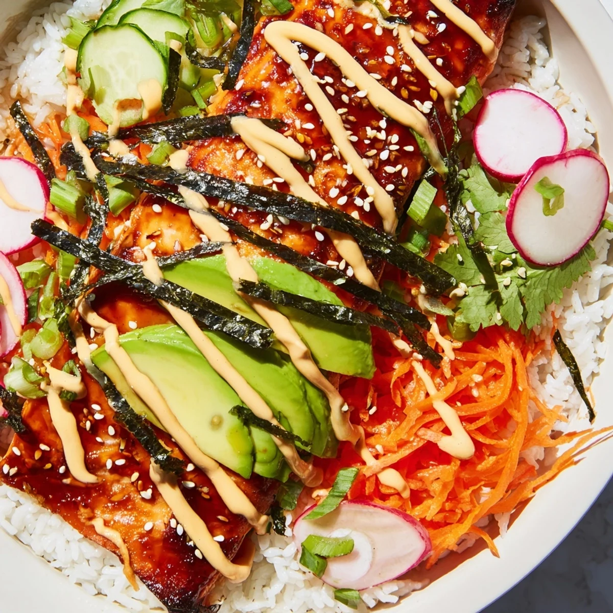 The crispy pickled vegetables and creamy sriracha mayo add a zesty kick to this Japanese-Mexican fusion dish.