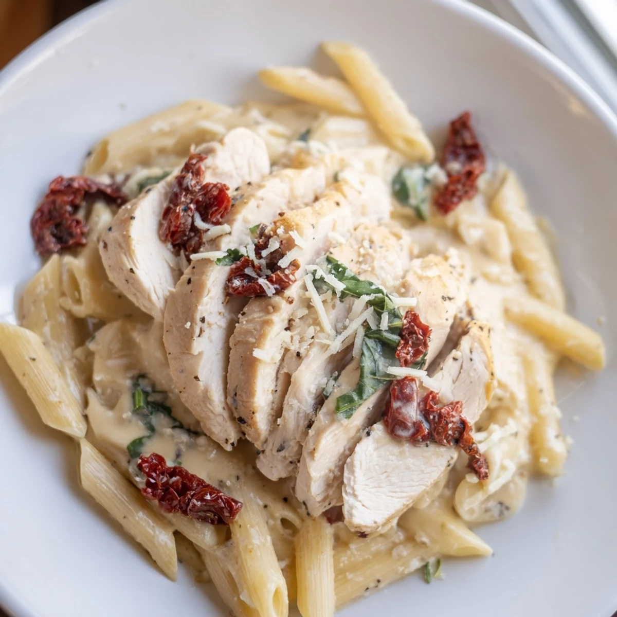 Creamy Marry Me Garlic Parmesan Chicken Pasta with sliced chicken and sun-dried tomatoes on a white plate.