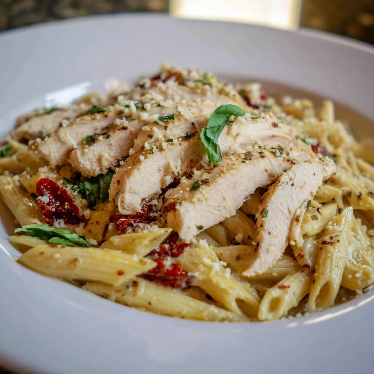 A close-up of Marry Me Garlic Parmesan Chicken Pasta garnished with fresh basil and extra Parmesan.