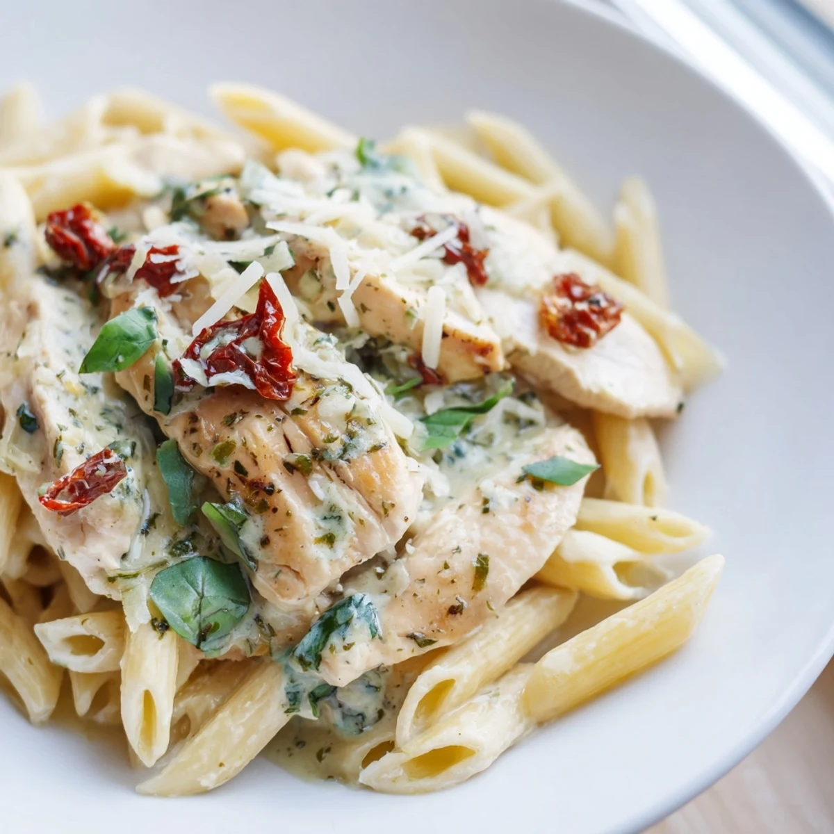 Marry Me Garlic Parmesan Chicken Pasta served in a skillet with steam rising and red pepper flakes.