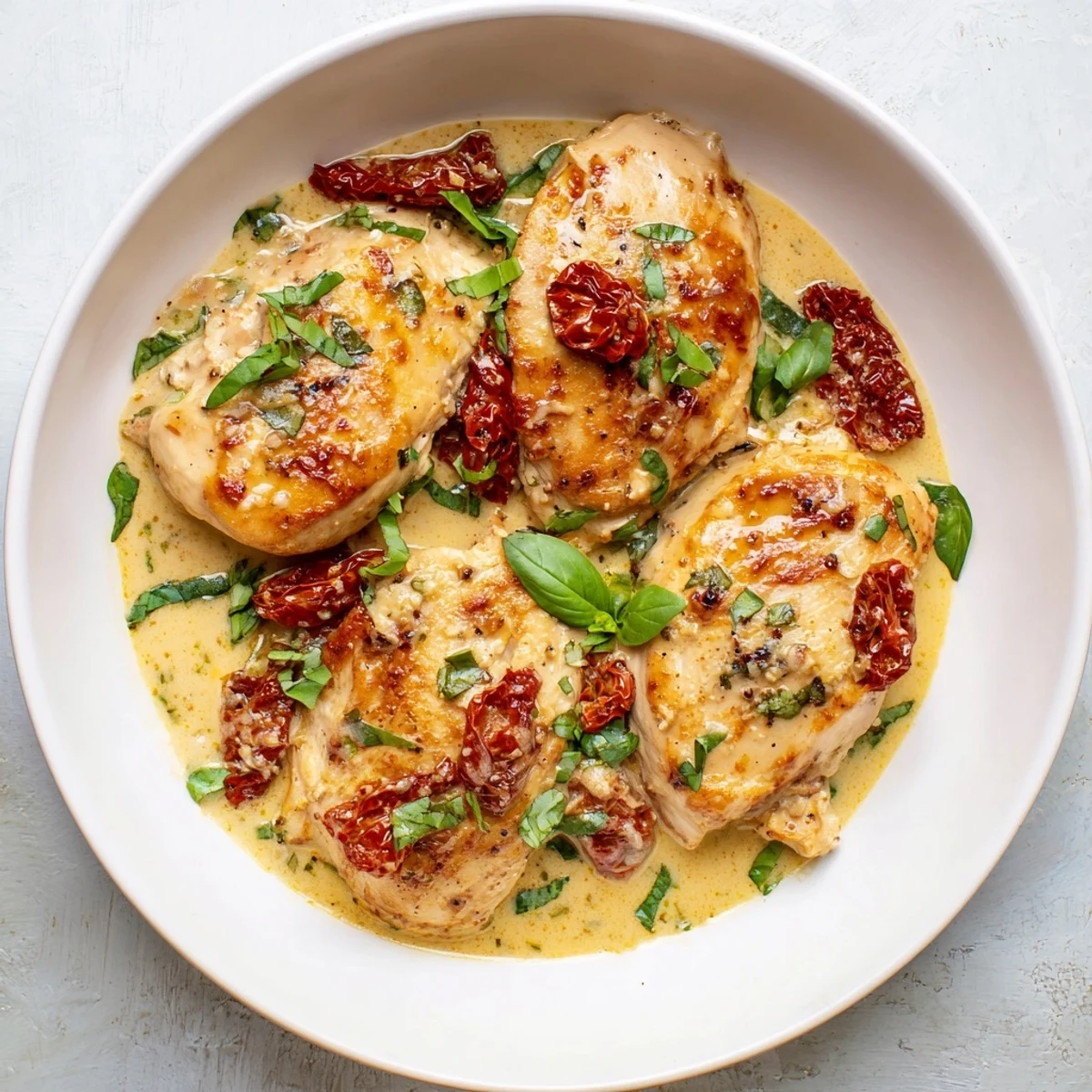 A one-pan meal of Marry Me One Pan Chicken in Sun-Dried Tomato Cream Sauce served over fluffy rice.