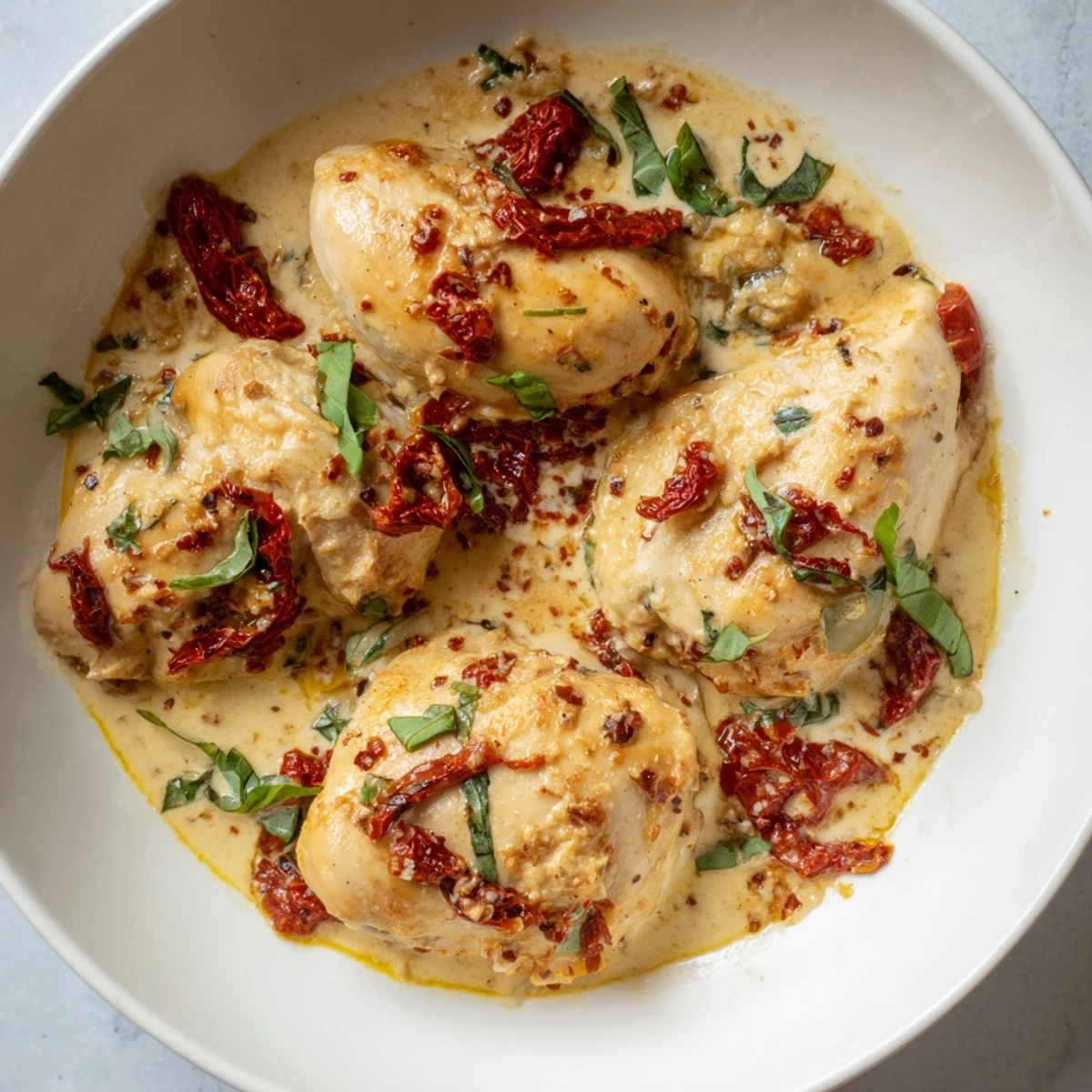 Golden brown chicken breasts nestled in a creamy sun-dried tomato sauce with fresh basil garnish.
