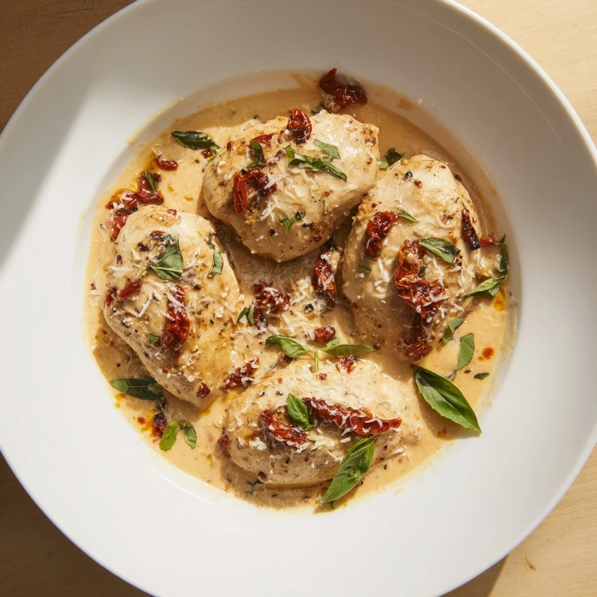 Sizzling skillet of Marry Me One Pan Chicken in Sun-Dried Tomato Cream Sauce, ready for a romantic dinner.