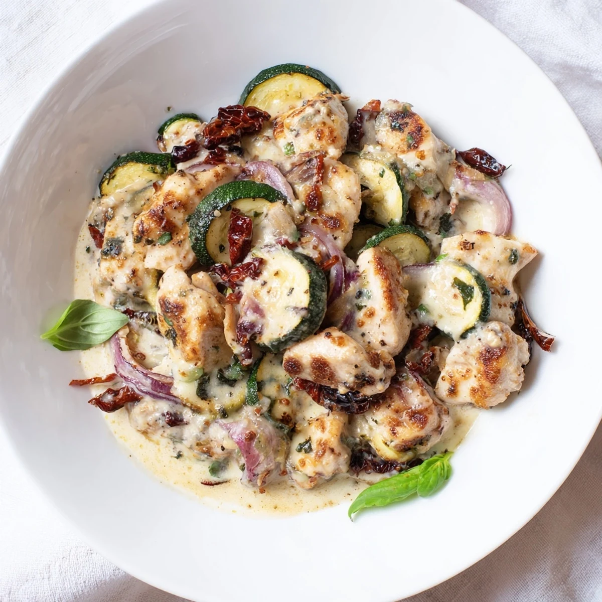 Golden-brown Marry Me Mediterranean Chicken Zucchini Bake with melted cheese and sun-dried tomatoes bubbling in a white dish.