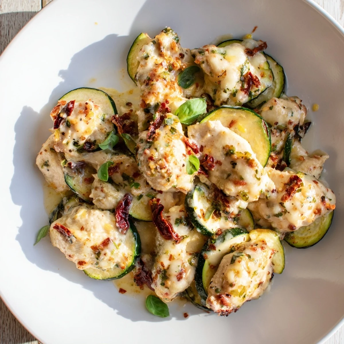 A close-up of Marry Me Mediterranean Chicken Zucchini Bake garnished with fresh basil on a rustic wooden table.