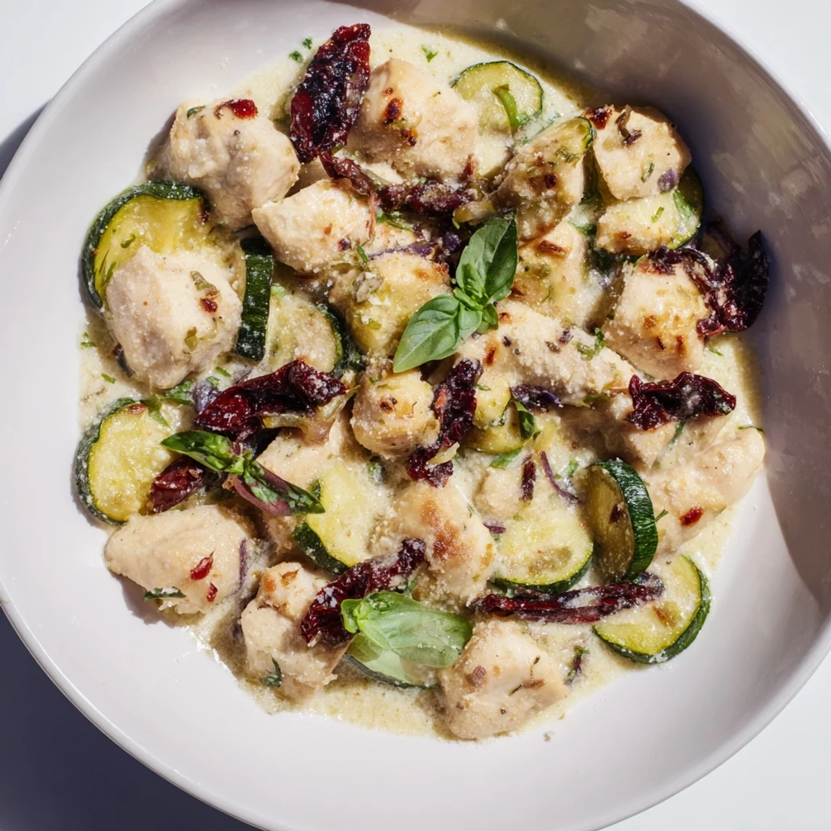 Serving suggestion for Marry Me Mediterranean Chicken Zucchini Bake next to a fork and a glass of white wine.