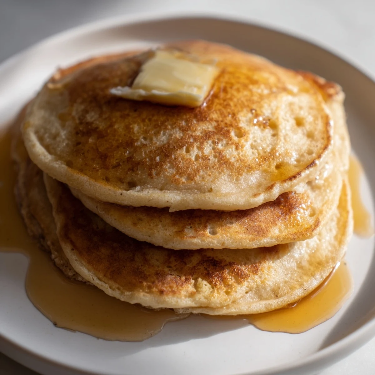 Golden brown Sourdough Discard Pancakes sizzling on a griddle with bubbles forming on top.