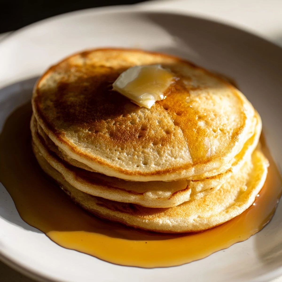 A plate of tender Sourdough Discard Pancakes topped with fresh berries for a classic breakfast.