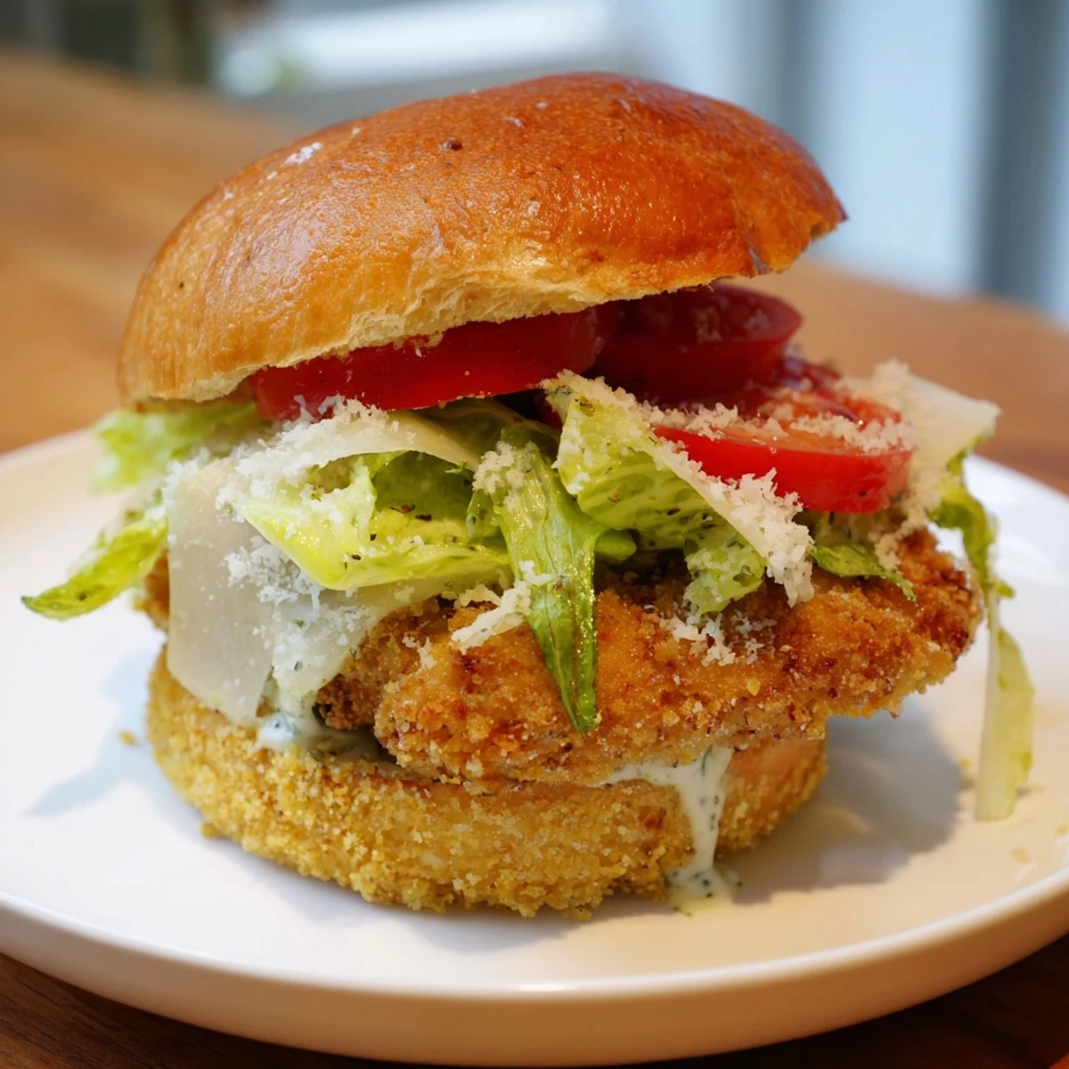 Crispy golden chicken fillet topped with romaine lettuce on a toasted brioche bun, drizzled with creamy Caesar dressing.