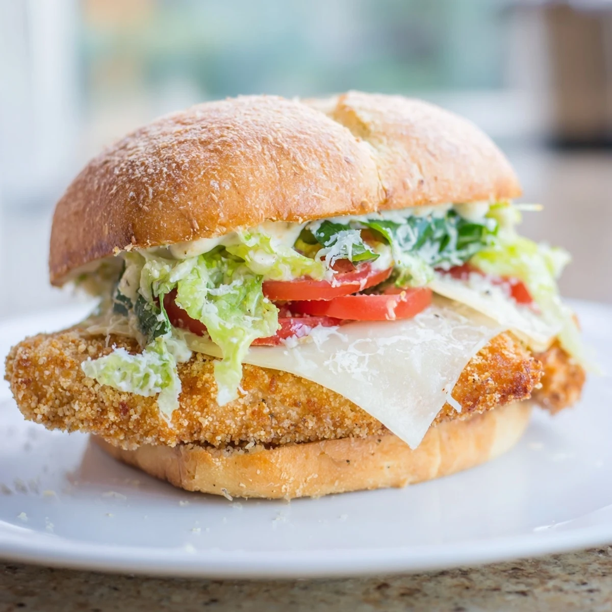Freshly toasted sandwich bun filled with crunchy panko-breaded chicken and shaved Parmesan for a satisfying meal.