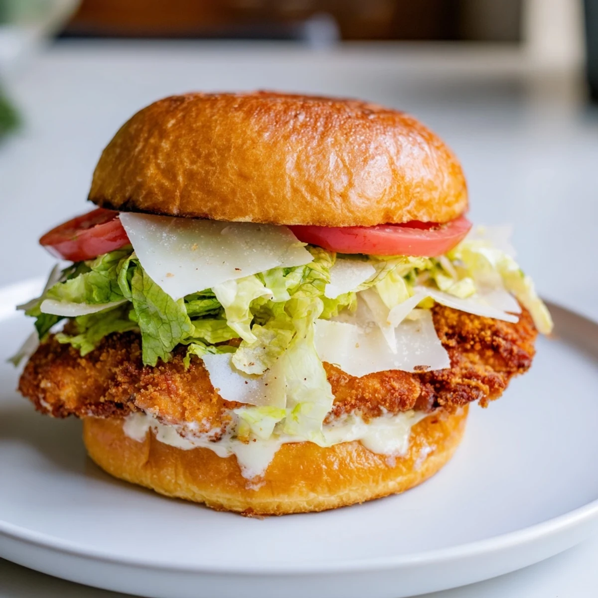 Golden brown chicken breast stacked with crisp greens and tangy Caesar sauce in a warm, toasted roll.