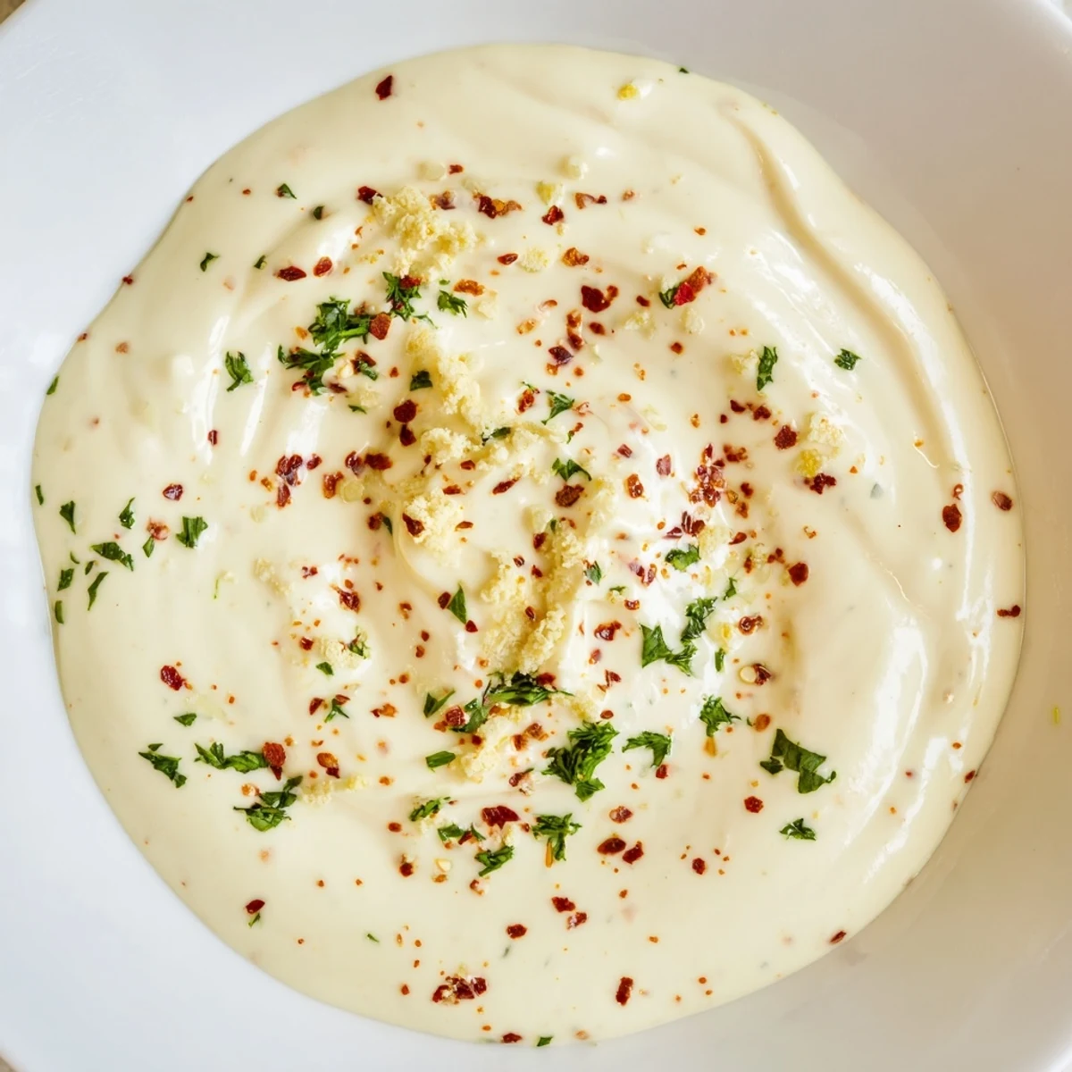 Smooth and creamy Hot Honey Ranch Crispy Chicken Tenders Sauce in a jar with fresh herbs garnish.