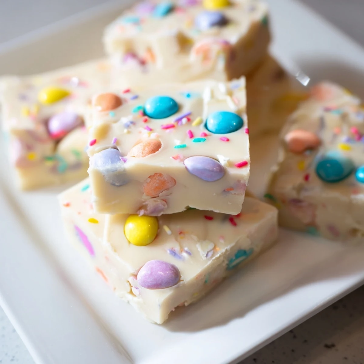 A close-up of Easter Fudge squares with pastel candy eggs and sprinkles on a white plate.