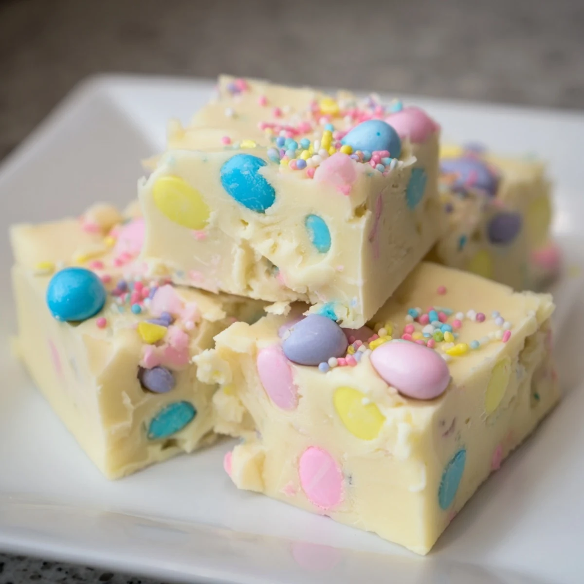 A slice of Easter Fudge held by hand, revealing smooth white chocolate and candy pieces.