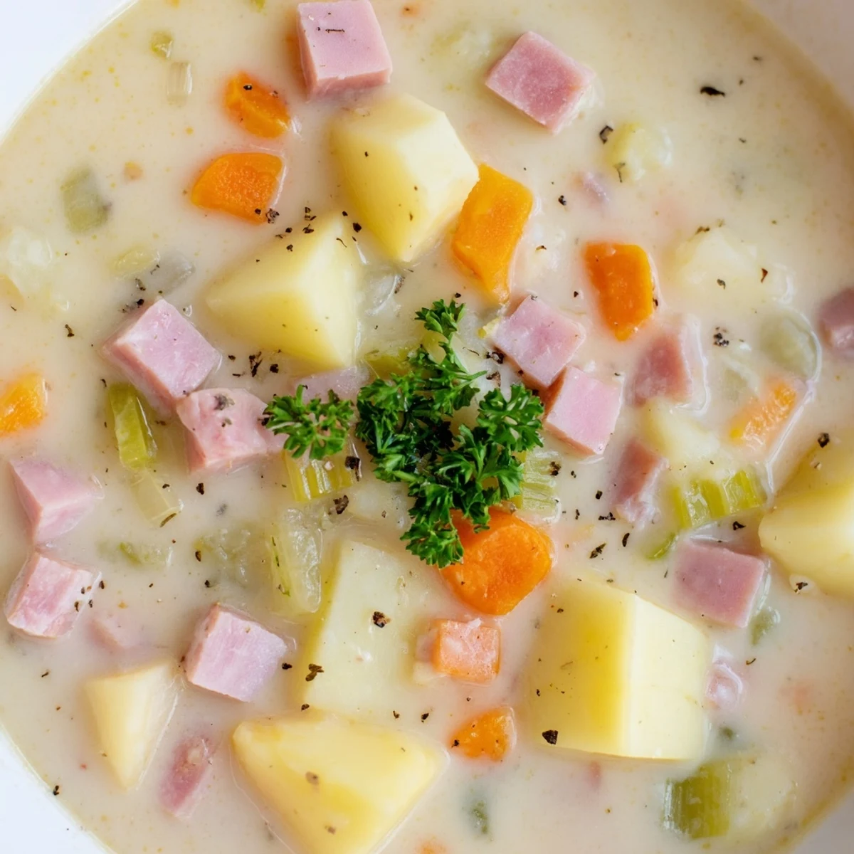 Creamy Light Ham & Potato Chowder in a white bowl, garnished with fresh parsley, served alongside a crusty bread slice.