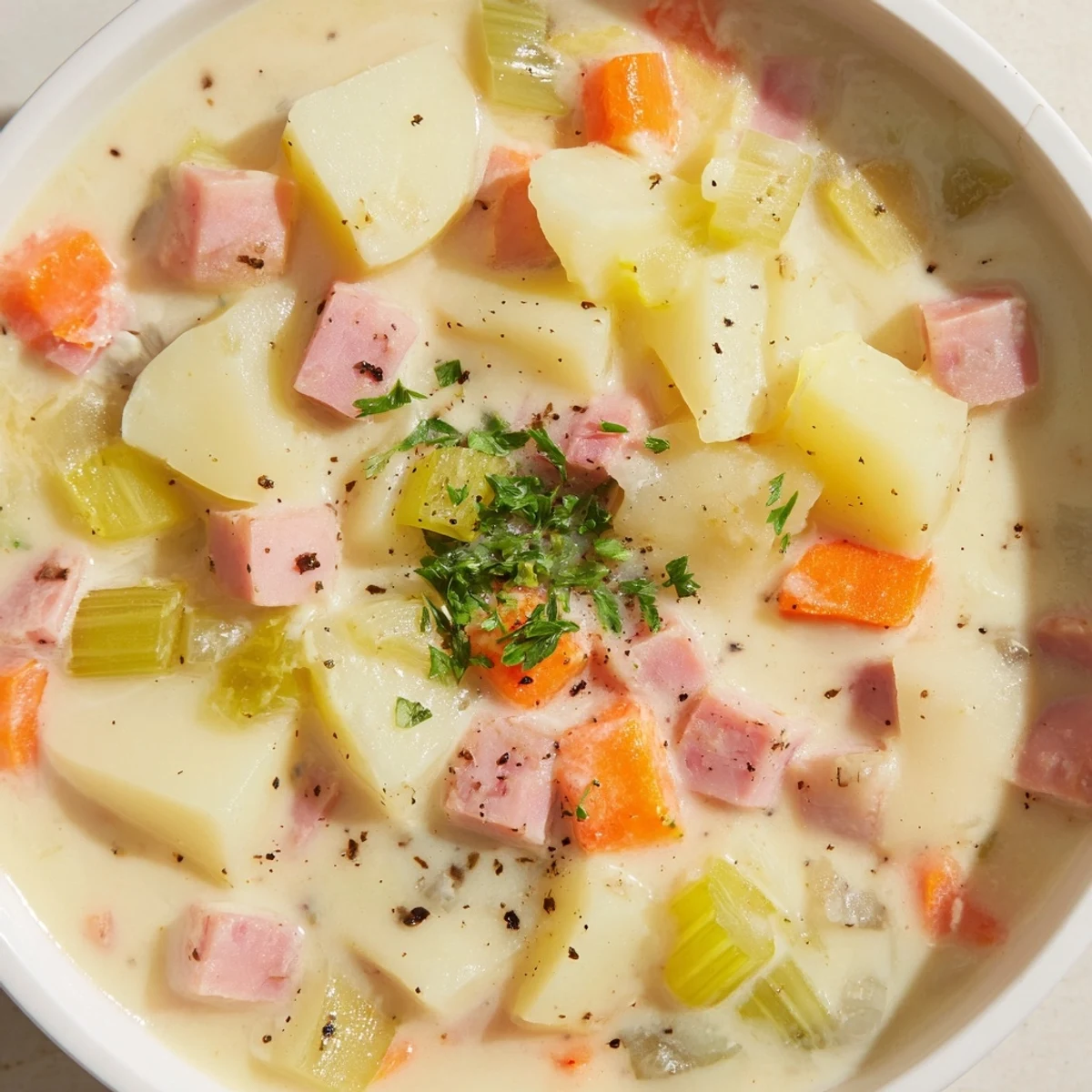 A warm bowl of Light Ham & Potato Chowder with tender potatoes and diced ham in a velvety broth.