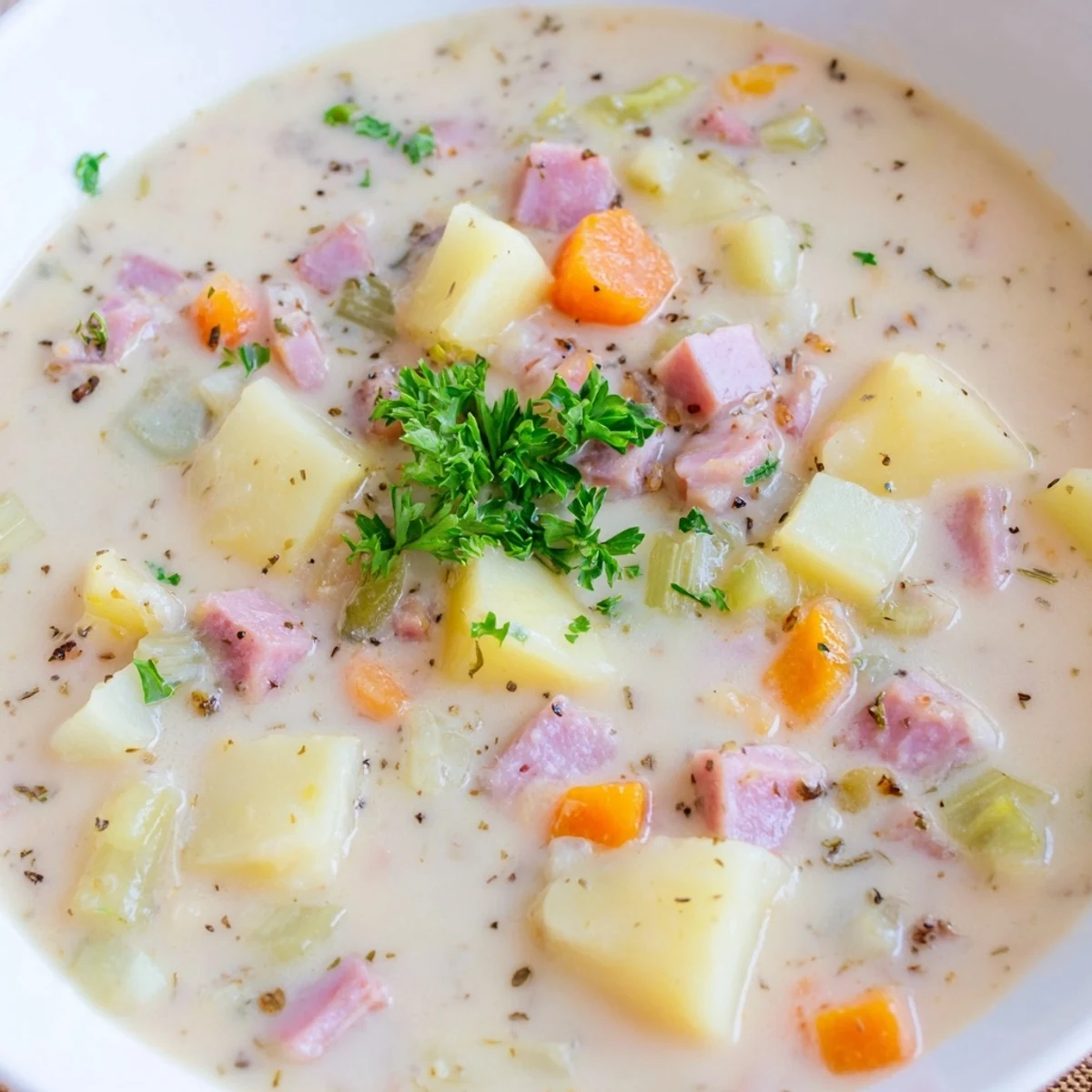 Light Ham & Potato Chowder steaming in a rustic ceramic bowl, featuring bright carrots and celery peeking through.