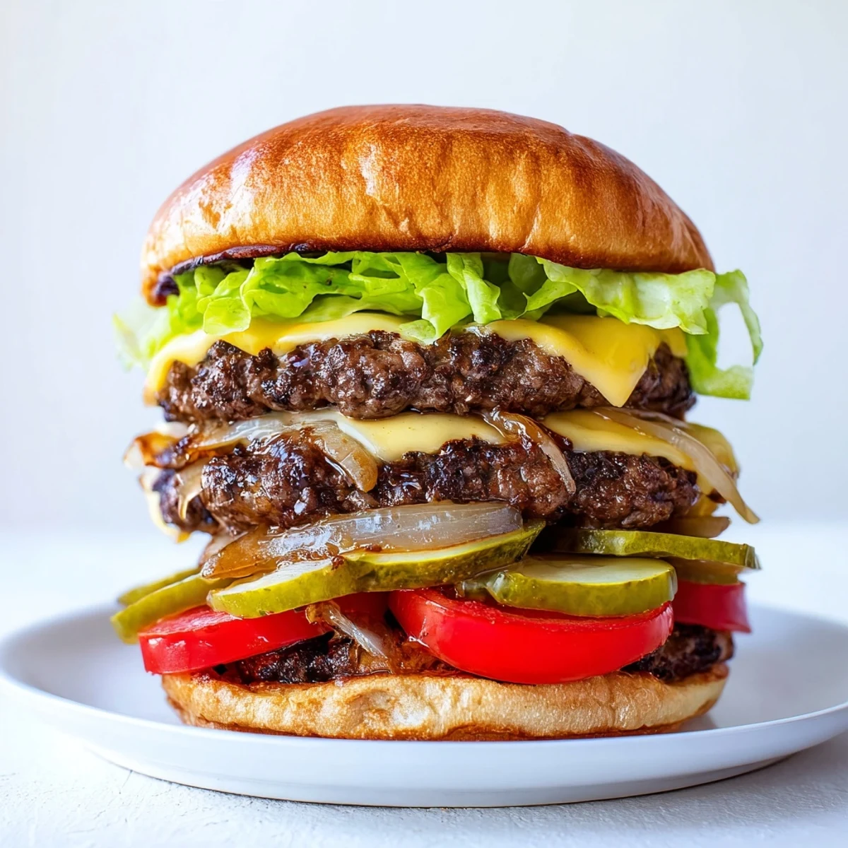 A close-up of the Flying Dutchman Burger with grilled onions and melted cheese between juicy patties.