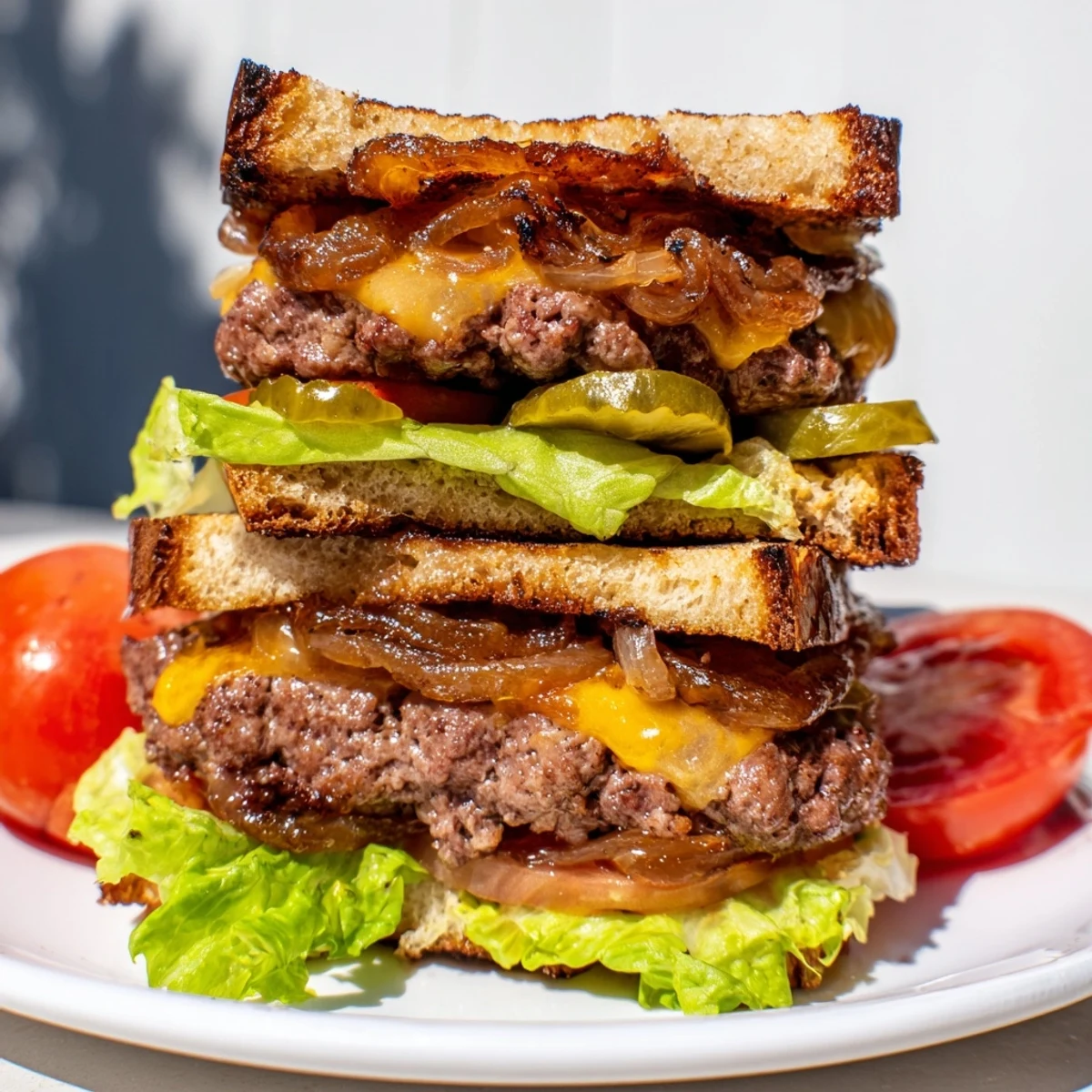 Thick beef patties with melted cheese stacked in a Flying Dutchman Burger, served on a plate.