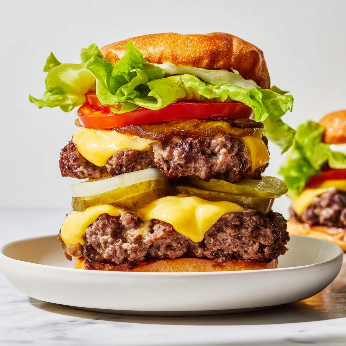 Golden, melted cheese on double beef patties of the Flying Dutchman Burger, with pickles nearby.