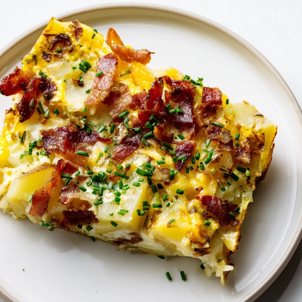 The finished Bacon Potato Frittata rests in a skillet, featuring golden eggs, crisp bacon bits, and melted Gruyère cheese on top.