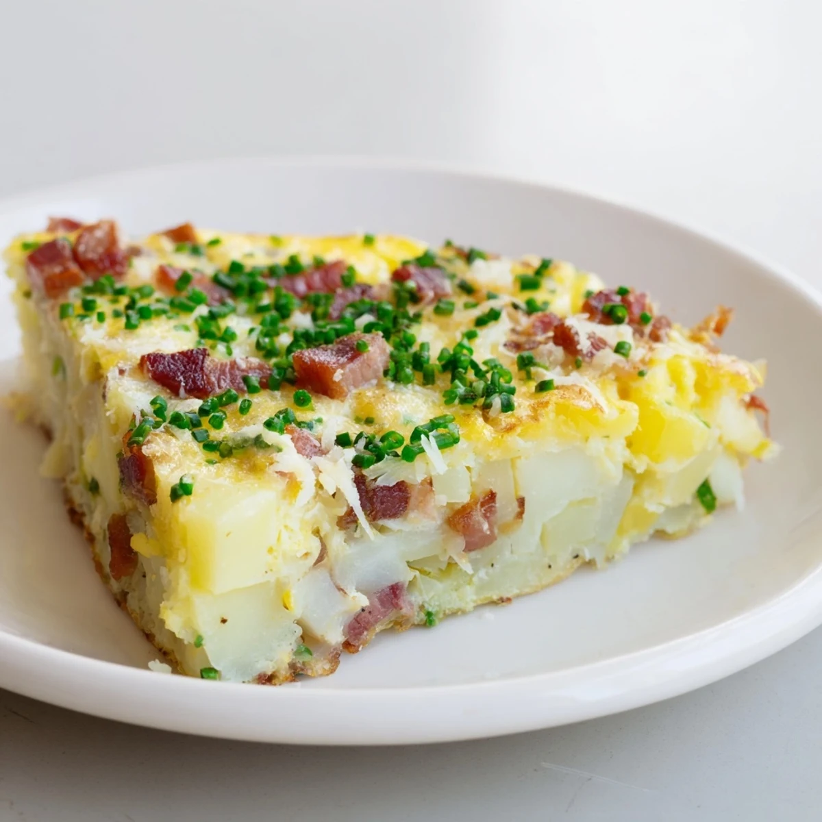 Overhead shot of a slice of Bacon Potato Frittata being lifted, revealing fluffy layers of egg, cheese, and bacon on a plate.