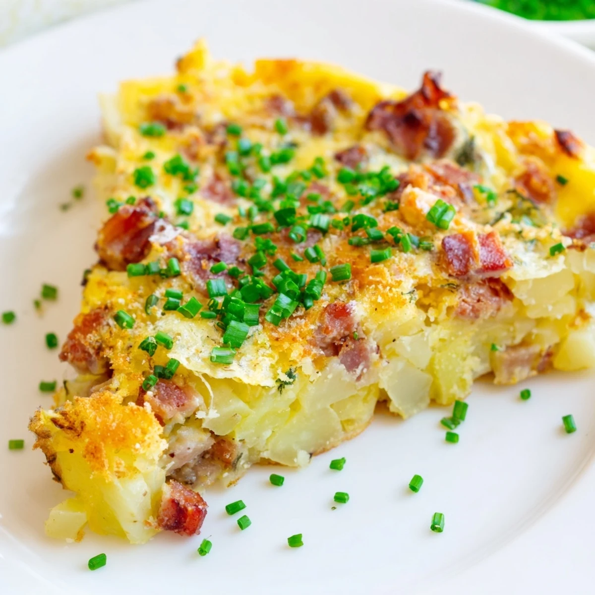 A close-up view shows the hearty frittata with tender potatoes and onions, garnished with fresh chives, ready for a savory brunch.