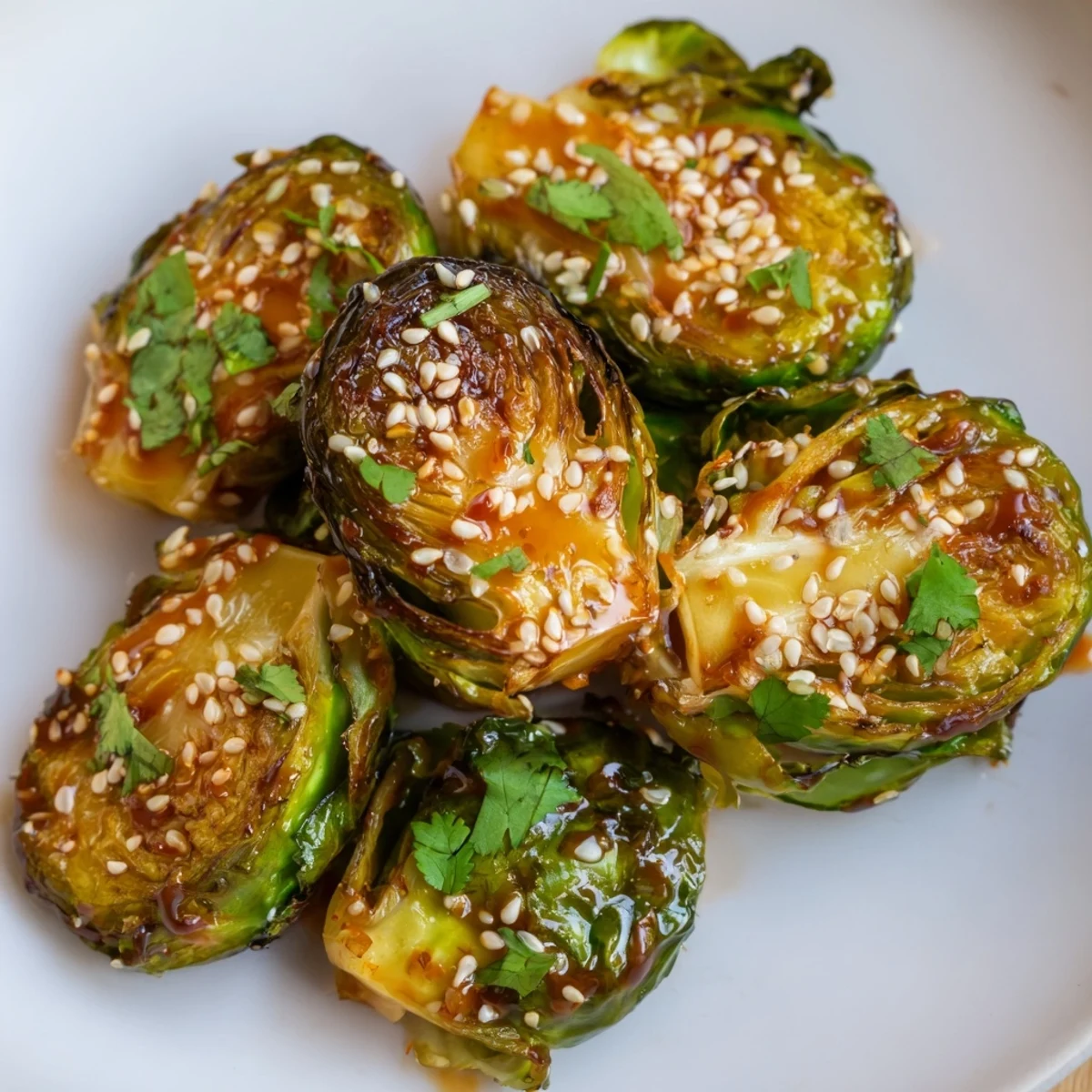 A close-up view of glazed Honey Sriracha Brussels Sprouts on a serving platter with fresh cilantro.