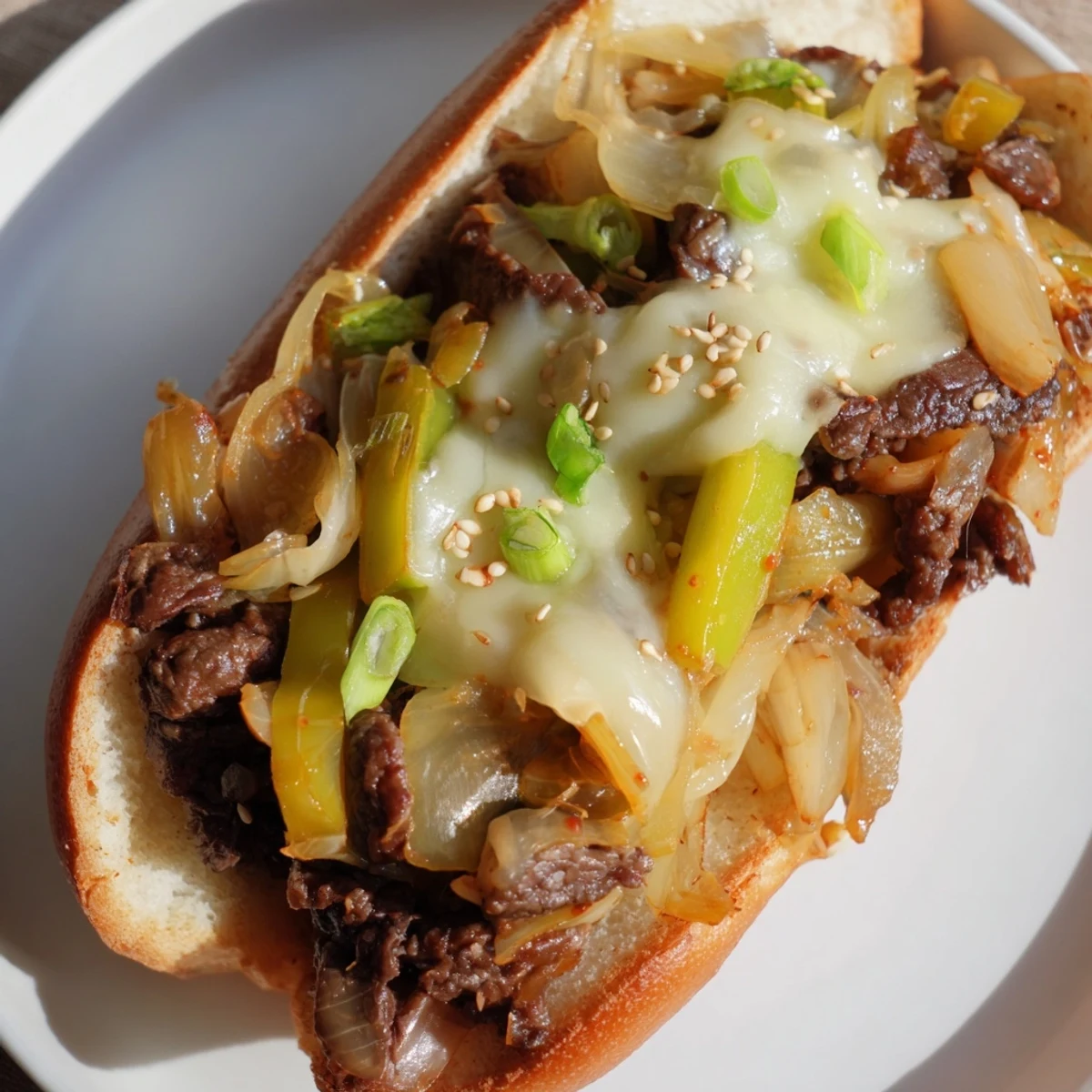 Close-up of Irresistible Korean Kimchi Bulgogi Cheesesteak featuring tender beef, vibrant kimchi, and gooey cheese on a toasted roll.