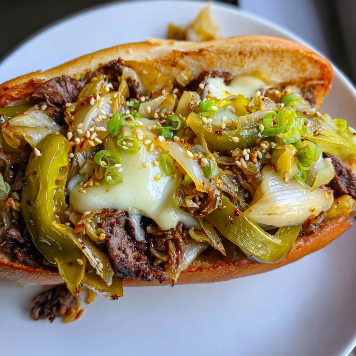 Golden-brown toasted hoagie rolls stuffed with bulgogi beef, spicy kimchi, and melted provolone, ready to serve. Irresistible Korean Kimchi Bulgogi Cheesesteak sandwich overflowing with fresh scallions and sesame seeds.