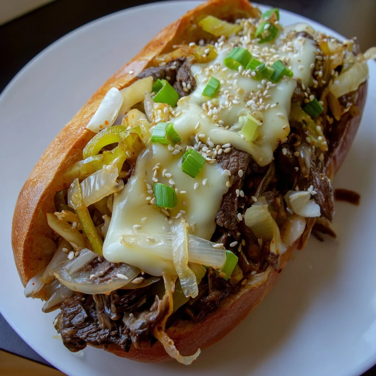A delicious Irresistible Korean Kimchi Bulgogi Cheesesteak served hot with sesame seeds, perfect for a quick lunch.
